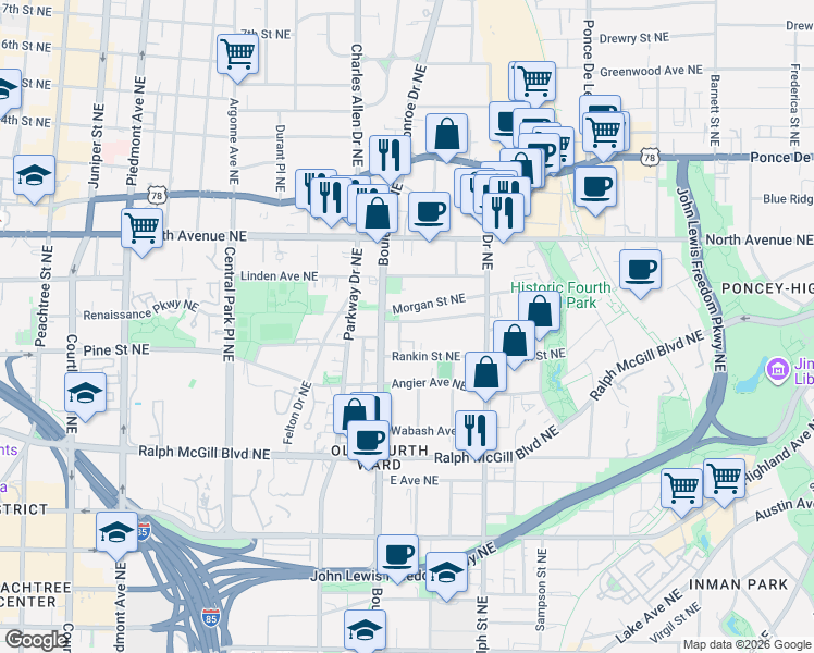 map of restaurants, bars, coffee shops, grocery stores, and more near 513 Winton Terrace Northeast in Atlanta