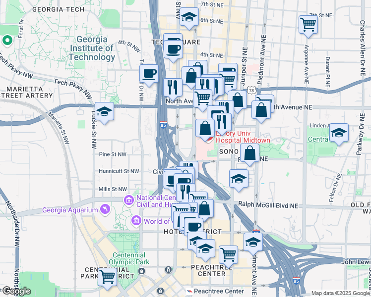 map of restaurants, bars, coffee shops, grocery stores, and more near Baltimore Place Northwest in Atlanta