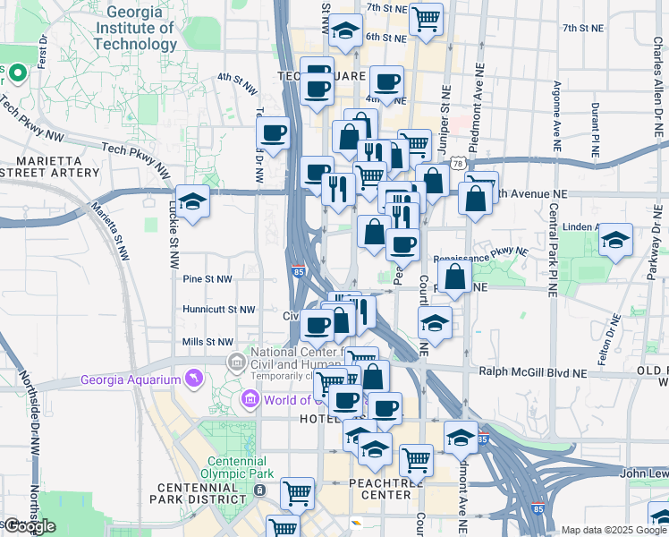 map of restaurants, bars, coffee shops, grocery stores, and more near Baltimore Place Northwest in Atlanta