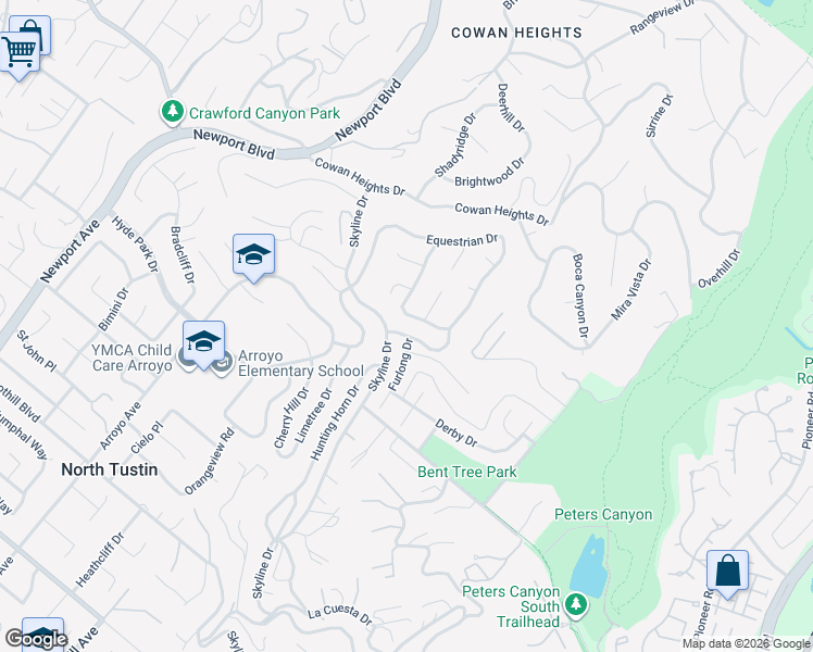 map of restaurants, bars, coffee shops, grocery stores, and more near 10821 Furlong Drive in Santa Ana