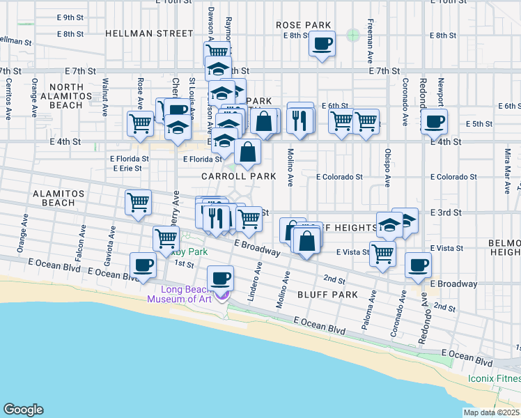 map of restaurants, bars, coffee shops, grocery stores, and more near 2519 East 3rd Street in Long Beach