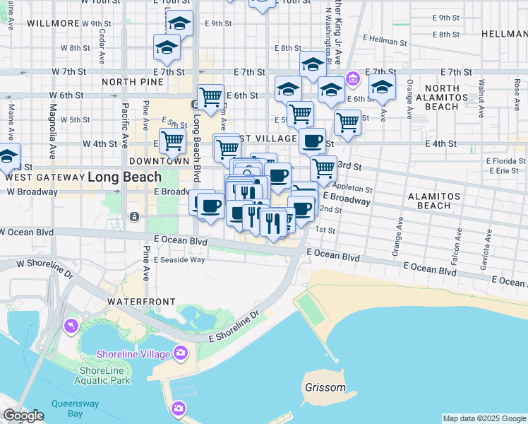 map of restaurants, bars, coffee shops, grocery stores, and more near 105 Atlantic Avenue in Long Beach