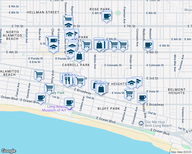 map of restaurants, bars, coffee shops, grocery stores, and more near 2701 East 3rd Street in Long Beach