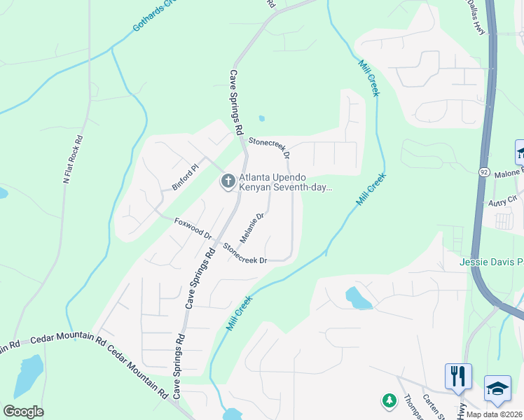 map of restaurants, bars, coffee shops, grocery stores, and more near 7757 Melanie Drive in Douglasville