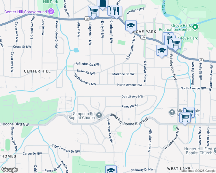 map of restaurants, bars, coffee shops, grocery stores, and more near 1944 North Avenue Northwest in Atlanta