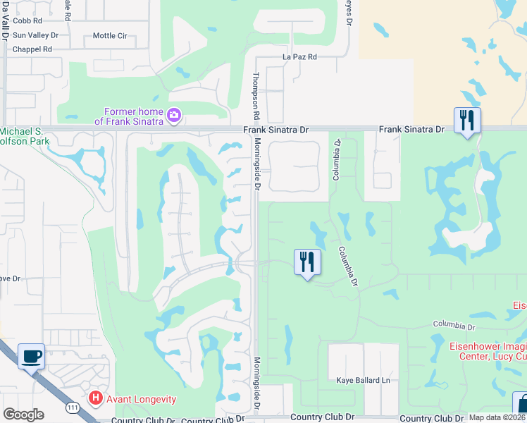 map of restaurants, bars, coffee shops, grocery stores, and more near 30 Princeton Drive in Rancho Mirage