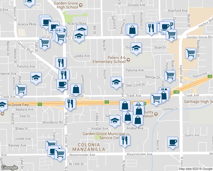 map of restaurants, bars, coffee shops, grocery stores, and more near 13392 Nina Place in Garden Grove