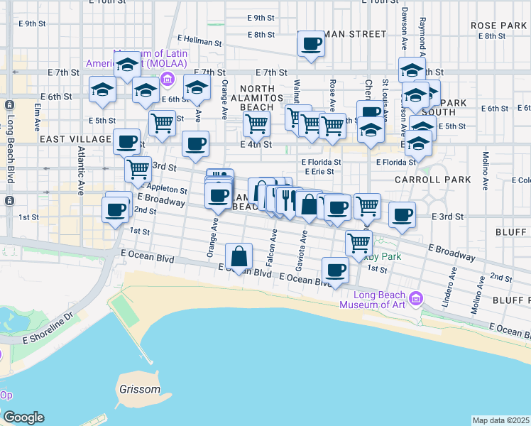 map of restaurants, bars, coffee shops, grocery stores, and more near 1411 East Broadway in Long Beach