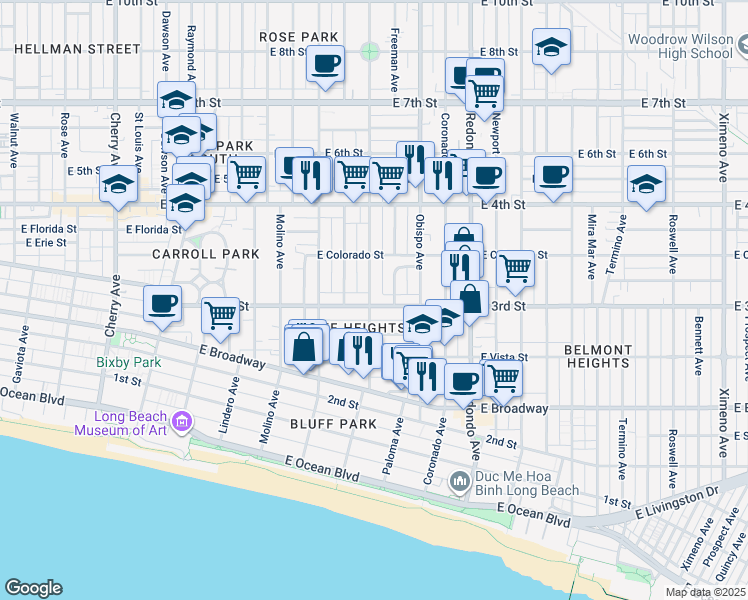 map of restaurants, bars, coffee shops, grocery stores, and more near 302 Orizaba Avenue in Long Beach
