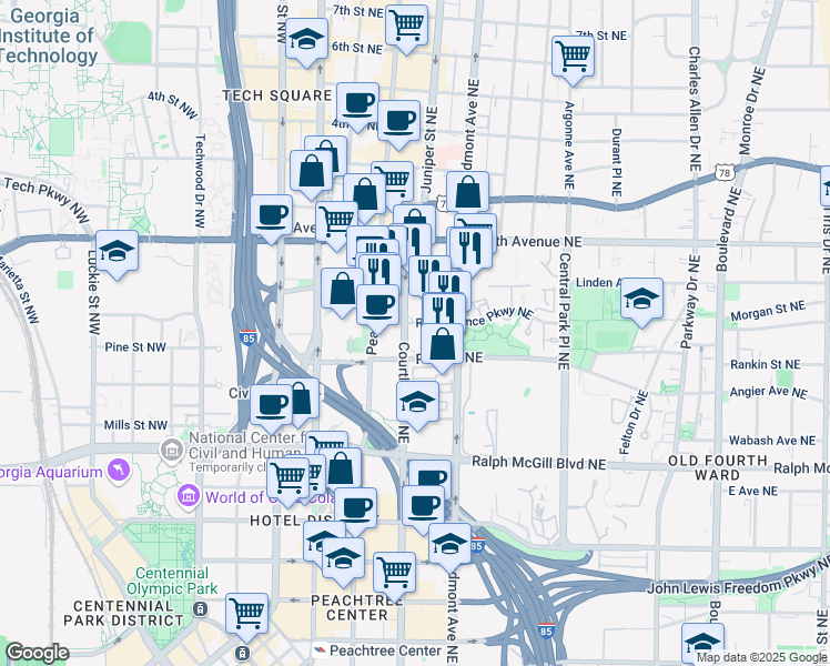 map of restaurants, bars, coffee shops, grocery stores, and more near 489 Courtland Street Northeast in Atlanta