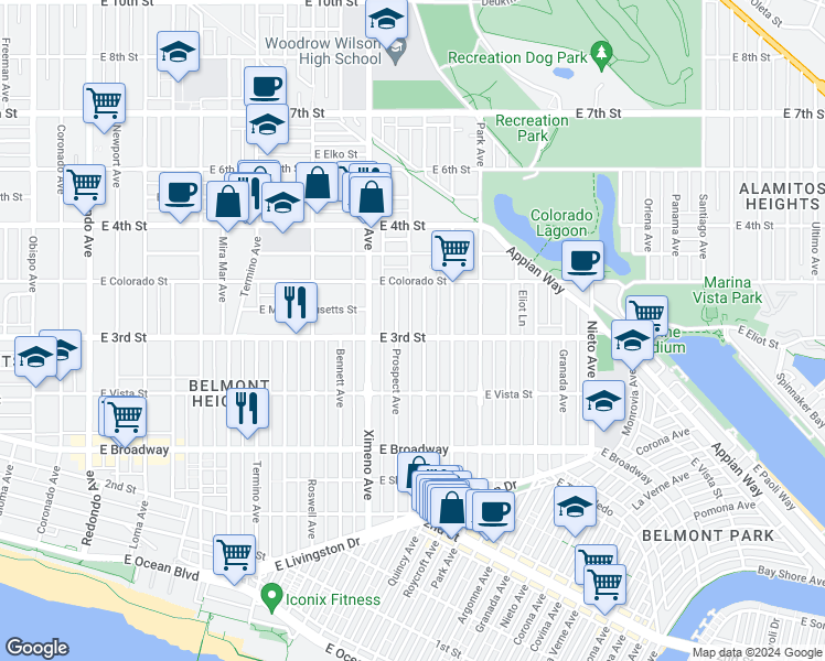 map of restaurants, bars, coffee shops, grocery stores, and more near 4523 East 3rd Street in Long Beach