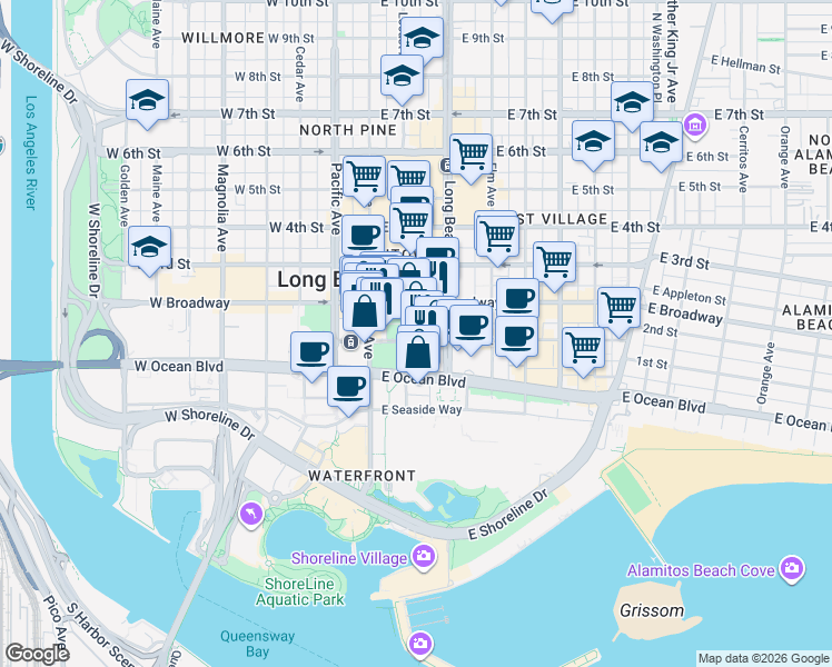 map of restaurants, bars, coffee shops, grocery stores, and more near 215 East 1st Street in Long Beach