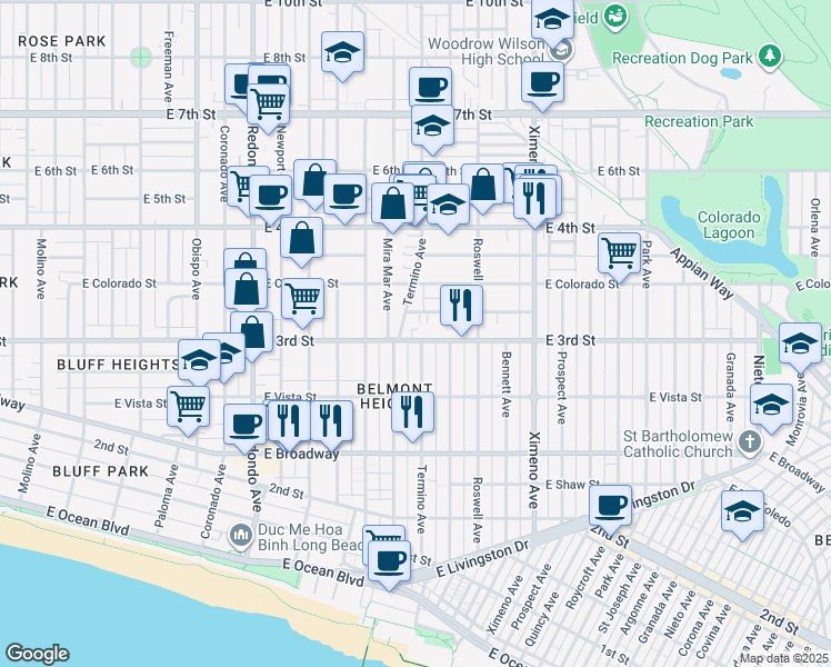 map of restaurants, bars, coffee shops, grocery stores, and more near 3939 East 3rd Street in Long Beach