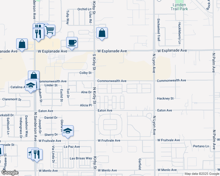map of restaurants, bars, coffee shops, grocery stores, and more near 1250 North Kirby Street in Hemet