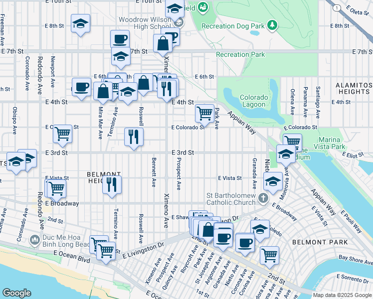 map of restaurants, bars, coffee shops, grocery stores, and more near 4523 East 3rd Street in Long Beach