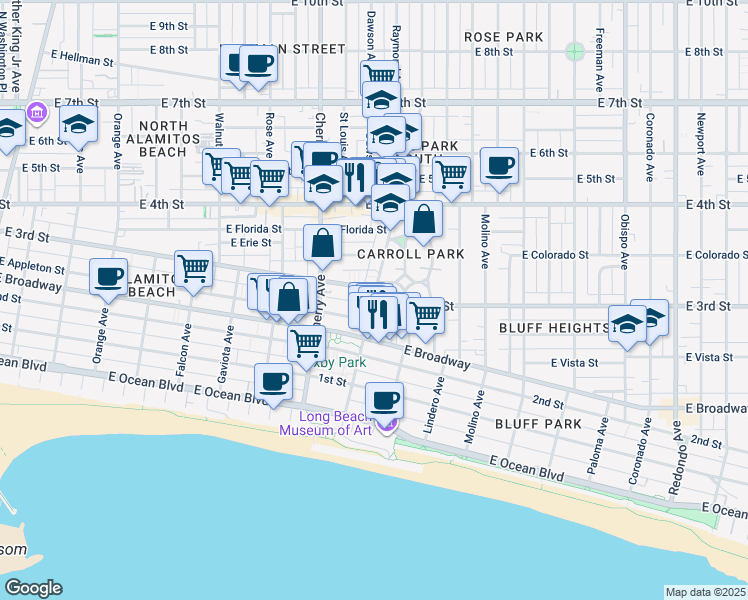 map of restaurants, bars, coffee shops, grocery stores, and more near E 3rd St & Junipero Ave in Long Beach