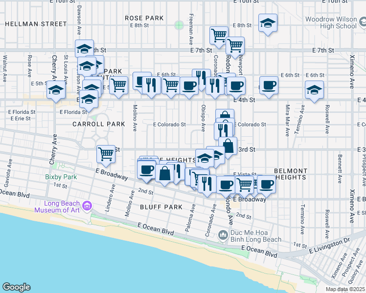 map of restaurants, bars, coffee shops, grocery stores, and more near 292 Orizaba Avenue in Long Beach