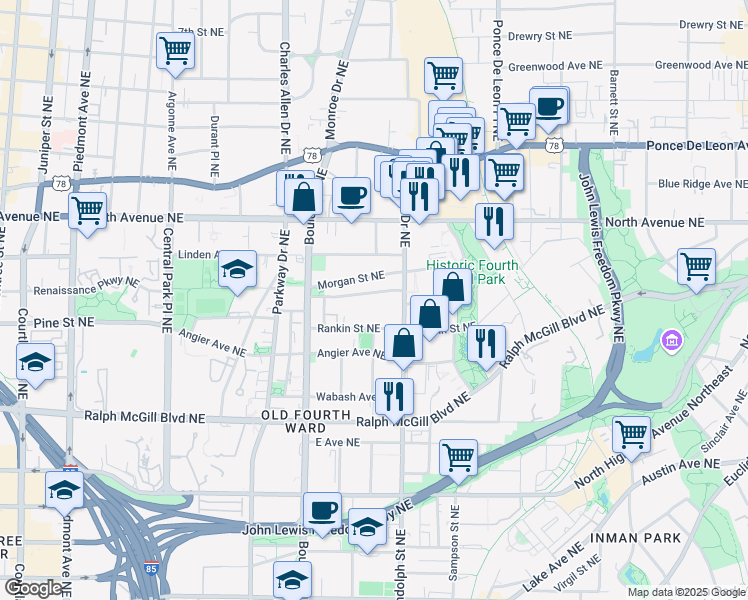 map of restaurants, bars, coffee shops, grocery stores, and more near 555 Winton Terrace Northeast in Atlanta
