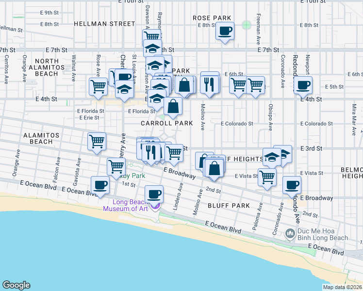 map of restaurants, bars, coffee shops, grocery stores, and more near 2519 East 3rd Street in Long Beach