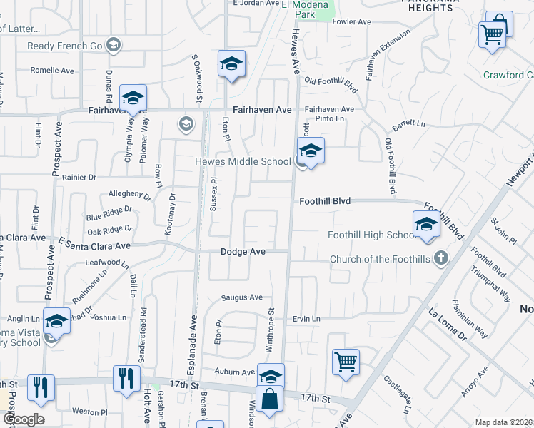 map of restaurants, bars, coffee shops, grocery stores, and more near 13371 Winthrope Street in Santa Ana