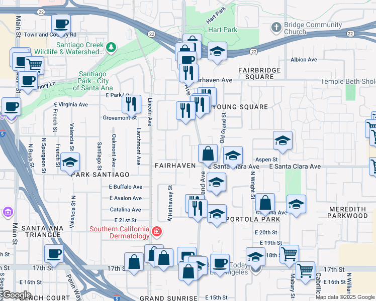 map of restaurants, bars, coffee shops, grocery stores, and more near 2319 North Hathaway Street in Santa Ana