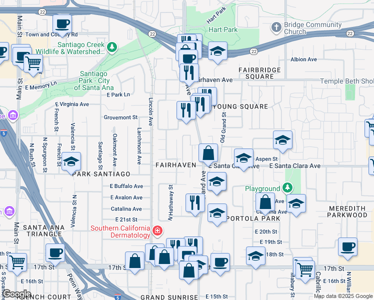 map of restaurants, bars, coffee shops, grocery stores, and more near 2319 North Hathaway Street in Santa Ana