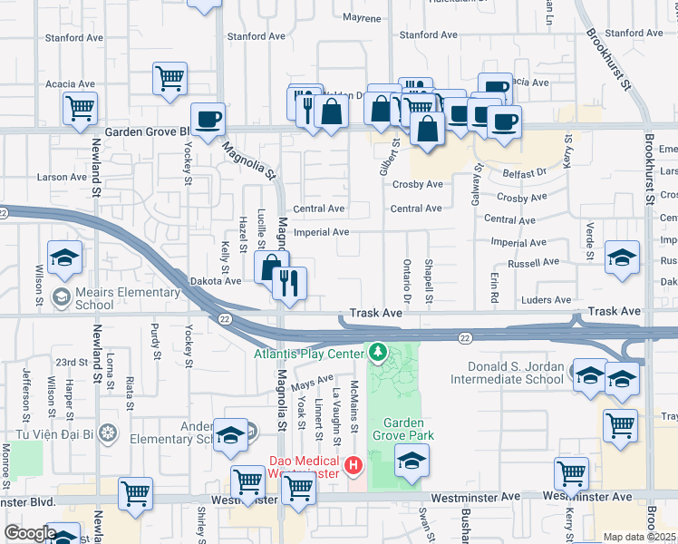 map of restaurants, bars, coffee shops, grocery stores, and more near 13401 Mickey Street in Garden Grove