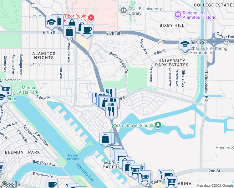 map of restaurants, bars, coffee shops, grocery stores, and more near 6027 Loynes Drive in Long Beach