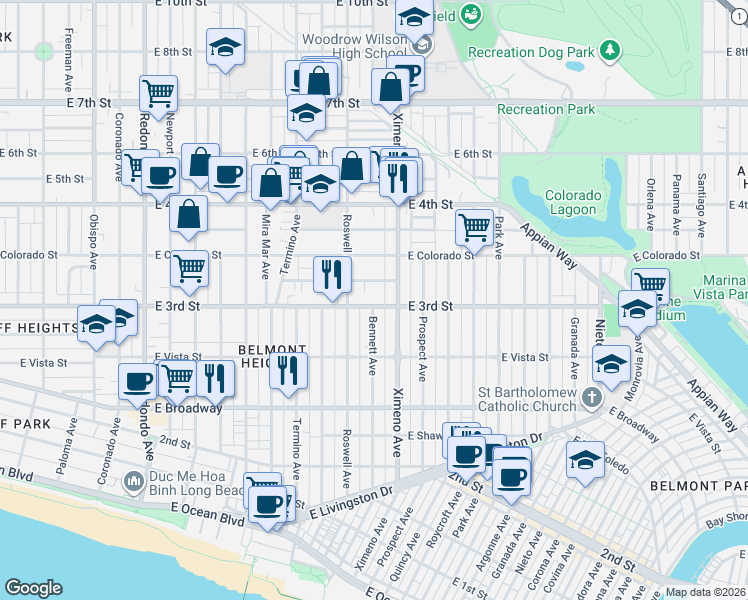 map of restaurants, bars, coffee shops, grocery stores, and more near 4222 East 3rd Street in Long Beach