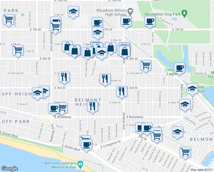 map of restaurants, bars, coffee shops, grocery stores, and more near 4100 East 3rd Street in Long Beach