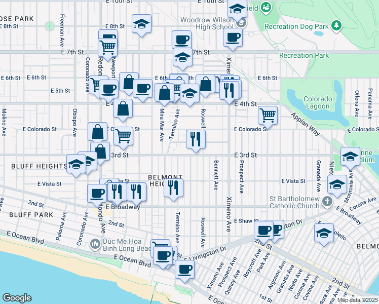 map of restaurants, bars, coffee shops, grocery stores, and more near 4100 East 3rd Street in Long Beach