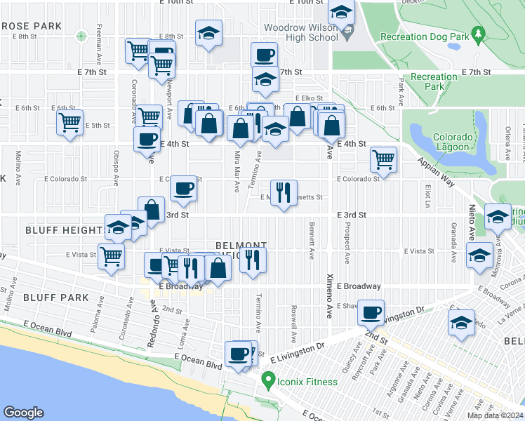map of restaurants, bars, coffee shops, grocery stores, and more near 3951 East 3rd Street in Long Beach