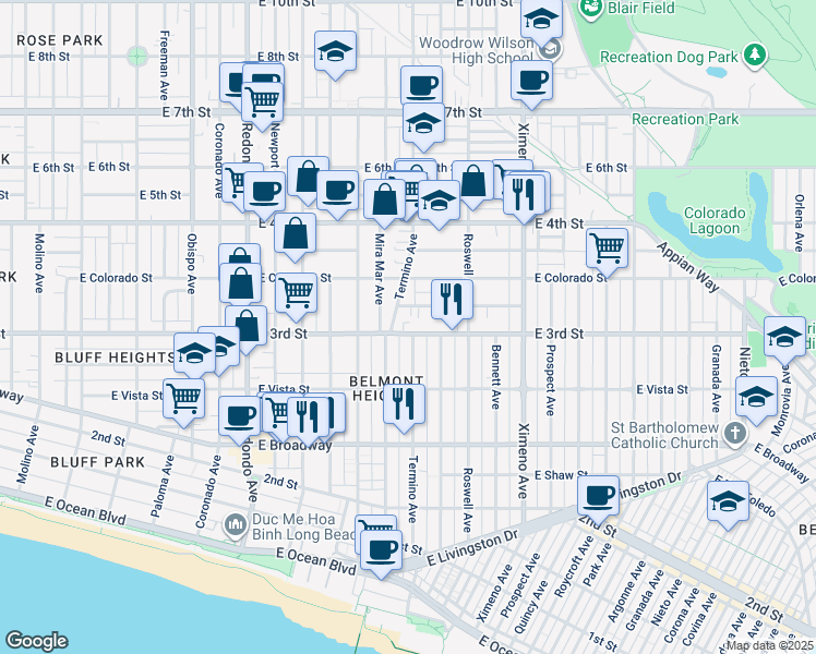 map of restaurants, bars, coffee shops, grocery stores, and more near 3951 East 3rd Street in Long Beach