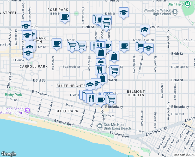 map of restaurants, bars, coffee shops, grocery stores, and more near 3300 East 3rd Street in Long Beach