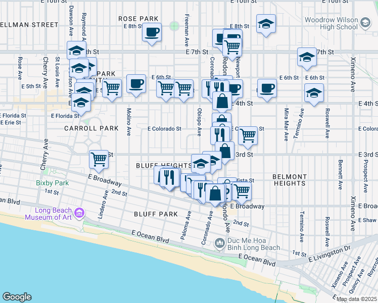 map of restaurants, bars, coffee shops, grocery stores, and more near 3130 East 3rd Street in Long Beach