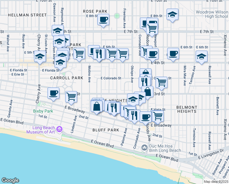 map of restaurants, bars, coffee shops, grocery stores, and more near 292 Orizaba Avenue in Long Beach