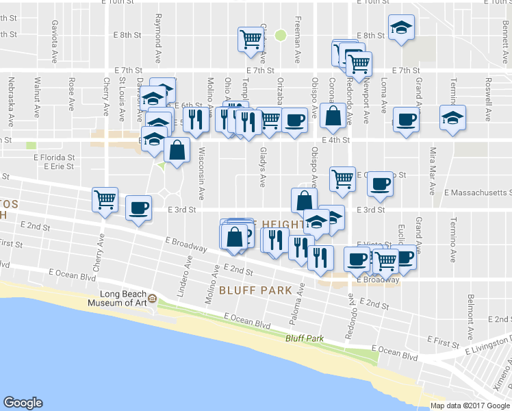 map of restaurants, bars, coffee shops, grocery stores, and more near in Long Beach