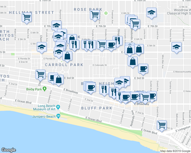 map of restaurants, bars, coffee shops, grocery stores, and more near in Long Beach