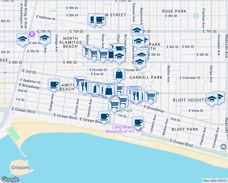 map of restaurants, bars, coffee shops, grocery stores, and more near in Long Beach