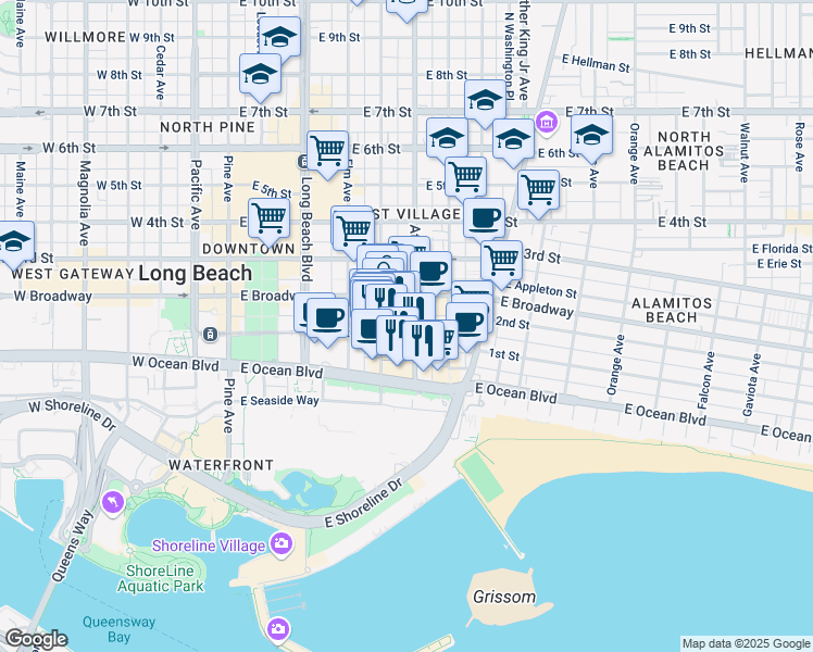 map of restaurants, bars, coffee shops, grocery stores, and more near in Long Beach