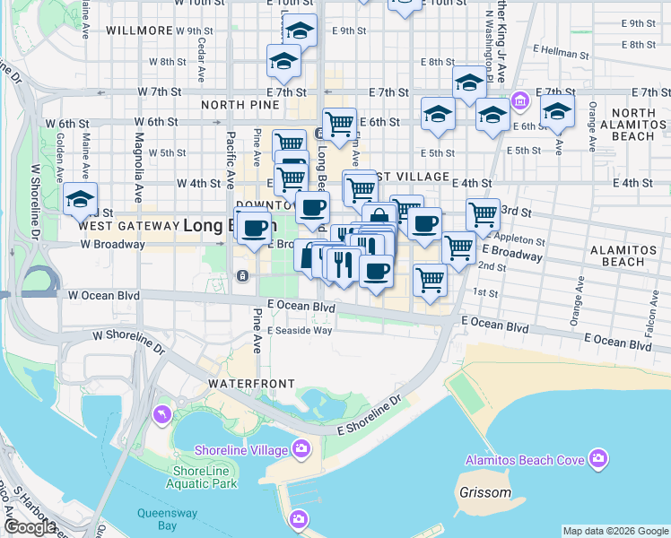 map of restaurants, bars, coffee shops, grocery stores, and more near 355 East 1st Street in Long Beach