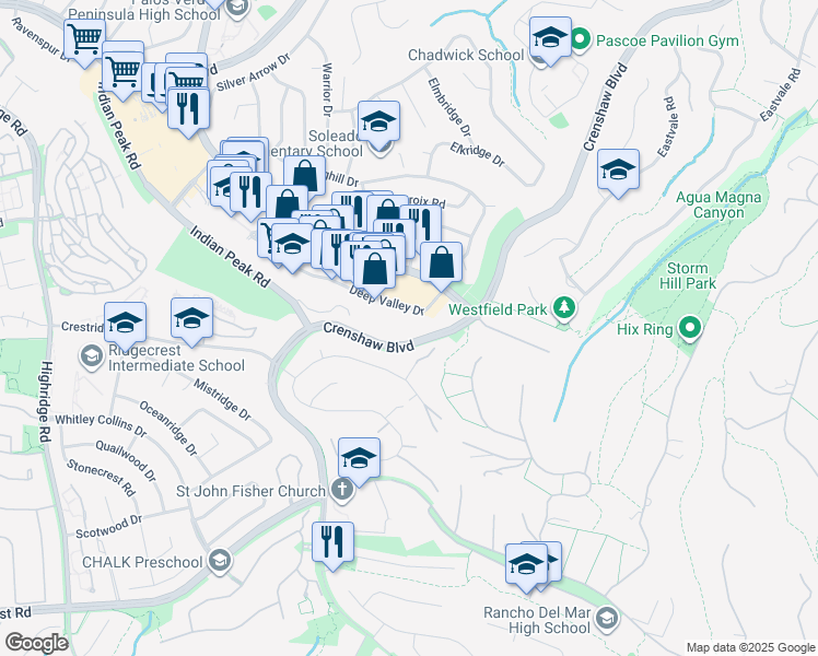 map of restaurants, bars, coffee shops, grocery stores, and more near 28503 Robinview Lane in Rancho Palos Verdes
