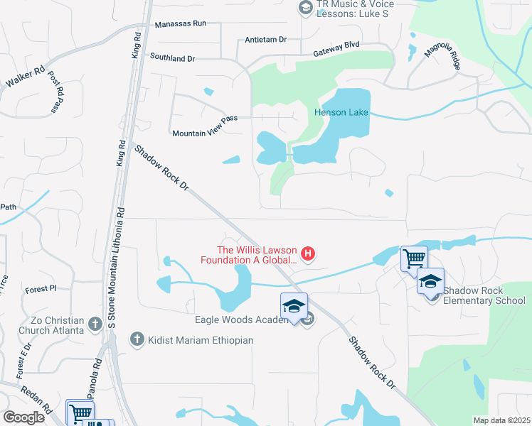 map of restaurants, bars, coffee shops, grocery stores, and more near 5917 Southland Drive in Stone Mountain