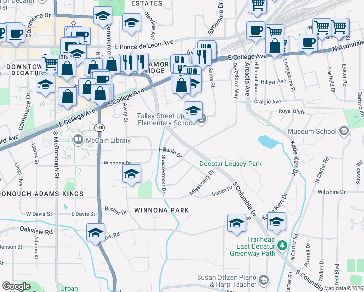 map of restaurants, bars, coffee shops, grocery stores, and more near 331 South Columbia Drive in Decatur
