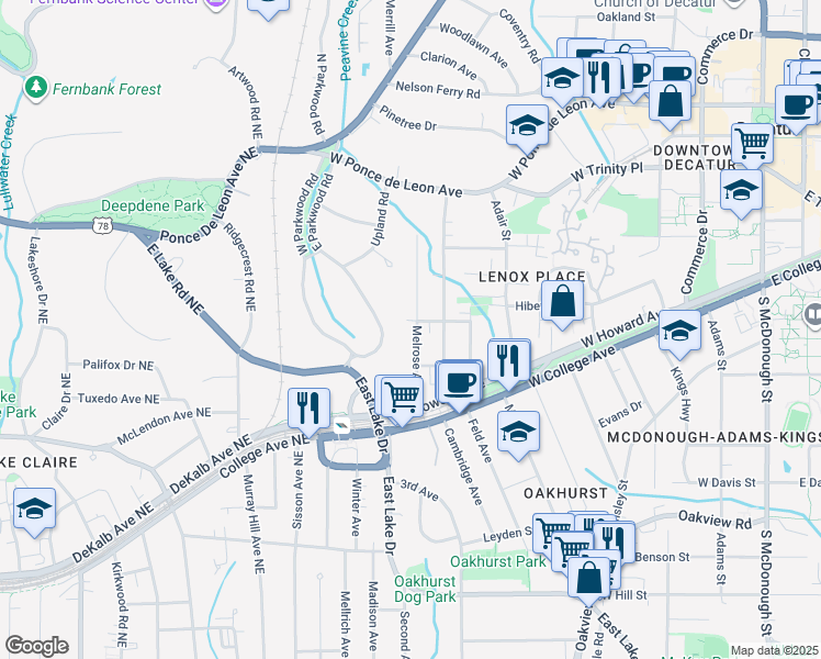map of restaurants, bars, coffee shops, grocery stores, and more near 222 Melrose Avenue in Decatur