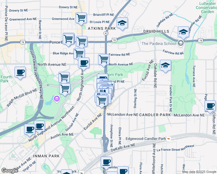 map of restaurants, bars, coffee shops, grocery stores, and more near 1206 Mansfield Avenue Northeast in Atlanta