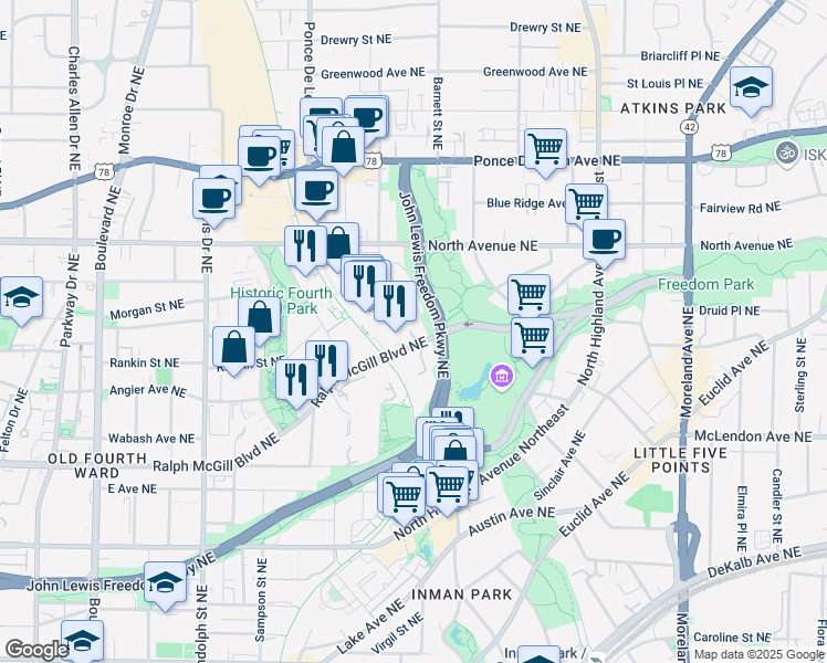 map of restaurants, bars, coffee shops, grocery stores, and more near in Atlanta