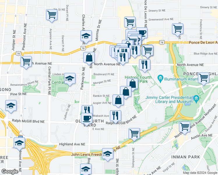 map of restaurants, bars, coffee shops, grocery stores, and more near 555 Winton Terrace Northeast in Atlanta