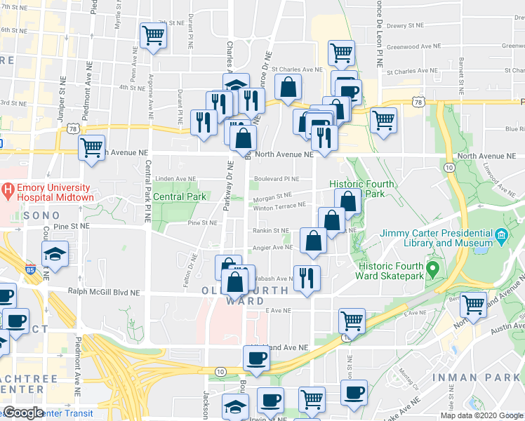 map of restaurants, bars, coffee shops, grocery stores, and more near 513 Winton Terrace Northeast in Atlanta