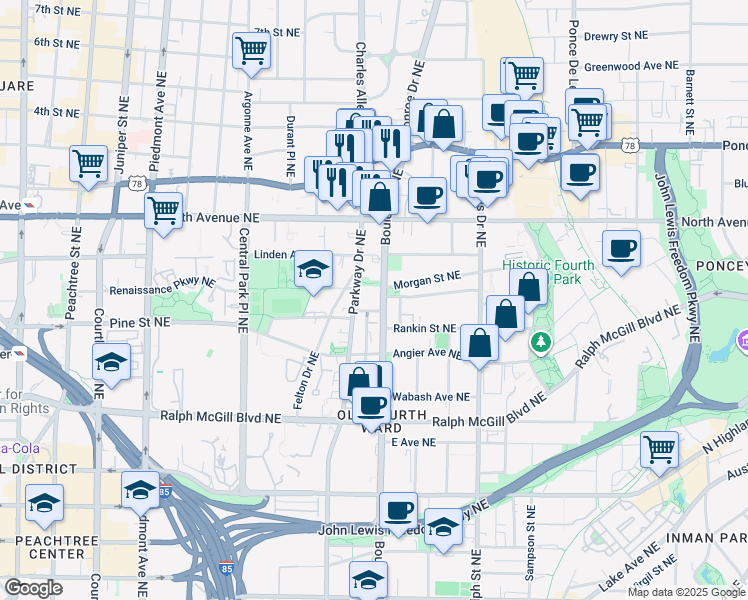 map of restaurants, bars, coffee shops, grocery stores, and more near in Atlanta